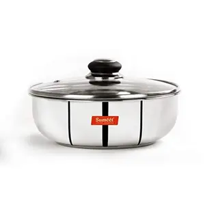 Sumeet Stainless Steel Encapsulated Bottom Induction and Gas Stove Friendly Tasra with Glass Lid - (1.5Ltr - 20cm) Silver