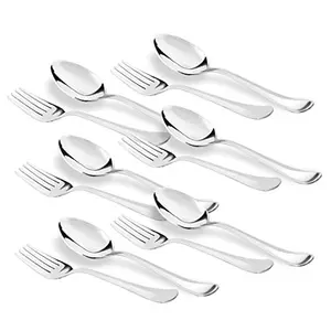 Sumeet Stainless Steel Heavy Gauge Spoon and Fork Set of 12 Pc (Dessert/Table Spoon 6 Pc (18.5cm L) Dessert/Table Fork 6 Pc (18.2cm L)) (1.6mm Thick)