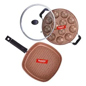 Sumeet Greaser Aluminium Grill Appam Patra With Lid Grill Pan 1.1 L Grill Pan 12 Piece (Peach)