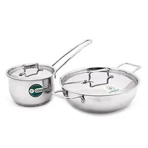 Coconut Stainless Steel Tri-Ply Sauce Pan & Kadai with Lids - Thick Triply Bottom (Sandwich Bottom) - 1000ML & 1500ML - Set of 2