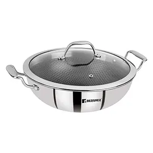 Bergner Hitech Prism Non-Stick Stainless Steel Wok With Glass Lid 24 cm 2.5 Litres. Induction Base Silver