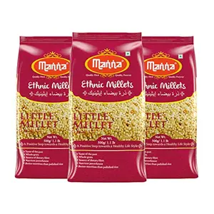 Manna Little Millet. Natural Grains 1.5kg (500g x 3 Packs) - (Kutki / Samai / Same / Samulu) | Native Low GI Millet Rice | High Protein & 100% More Fibre Than Rice
