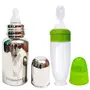 GOODMUNCHKINS Stainless Steel Feeding Bottle 304 Grade Jointless & Spoon Food Feeder for Baby/Infants Anti Colic Silicon Nipple - Food Grade Silicon Food Feeder BPA Free Combo Pack 2 (300 Green)