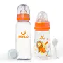 Mylo Baby 2 in 1 Feeding Bottles with Spoon for New Born Baby (125ml + 250ml) | Anti Colic & BPA Free Feeding Bottles | Feels Natural Baby Bottle | Easy Flow Neck Design- Lion + Zesty Orange