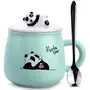 OANGO Ceramic Mug Panda Printed Mug with Lid and Spoon for Coffee and Tea Cup 350ml - 1 Piece White Cup 350 ml (Green Panda)